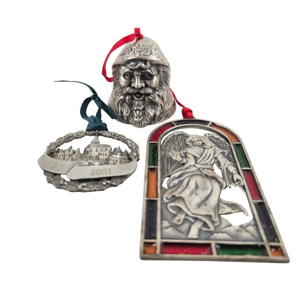 Vintage Pewter Christmas Ornament Set Of 3 Santa Bell Angel Church Holiday